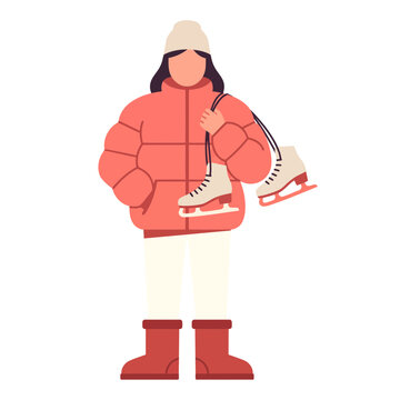 Young Woman in Winter Down Jacket Holding Ice Skates Vector Illustration