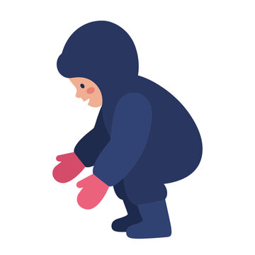 Cute Child in Dark Blue Snowsuit Crouching Vector Illustration