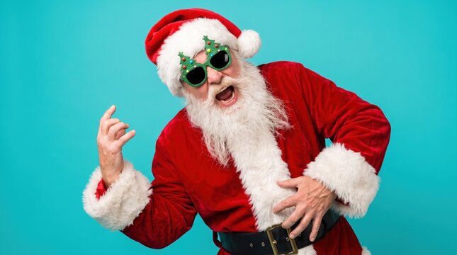 Joyful santa claus in red suit and novelty tree sunglasses plays air guitar, studio shot on bright teal, radiating festive spirit.