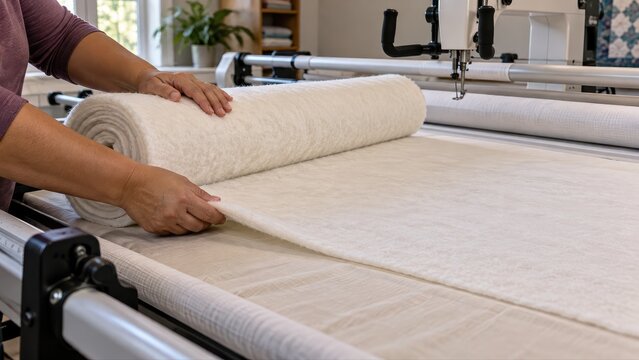 Hands unrolling pale batting over flat quilt backing on a supported longarm frame to add the soft middle layer before the customer's pieced top is loaded