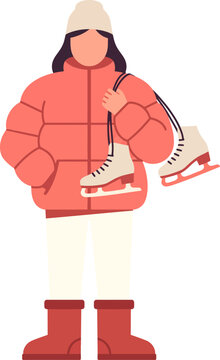 Young Woman in Winter Down Jacket Holding Ice Skates Vector Illustration