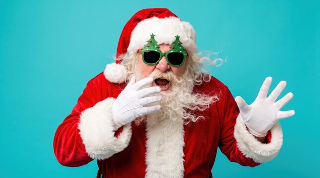 A vibrant christmas portrait of santa claus in his red suit and funny glasses, looking surprised with hands raised on a festive teal background.