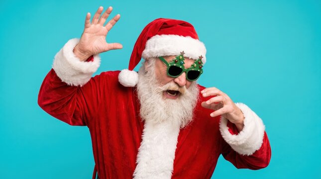 Vibrant studio shot: humorous santa claus in red suit, tree sunglasses, hands raised in surprise against bright blue background, creating festive mood.