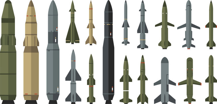 Military Ballistic Missiles and Rocket Weapon Vector Icon Set featuring Nuclear Warheads, Guided Artillery Projectiles, and Tactical 