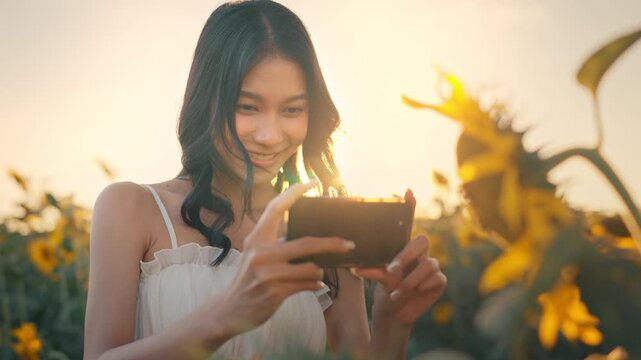 Happy young Asian woman smiling while using smartphone in blooming sunflower field at golden sunset, enjoying mobile photography and capturing beautiful nature scenery, summer travel.