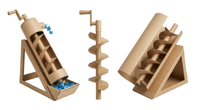 Three views of an archimedes screw model made from brown cardboard, featuring a hand crank, helical blade, and blue plastic debris pieces
