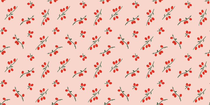 Warm Peach Pink Rosehip Berries Seamless Pattern Minimal Autumn Floral Vector Background for Nursery Fabric Wrapping