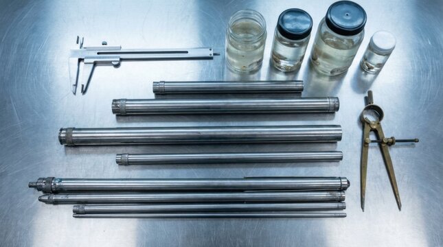 Marine geology exploration tools including calipers, sediment push core tubes, saline specimen jars, and brass compass divider laid out on a stainless steel dissection bench.