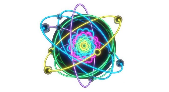 Colorful atomic particle illustration with electron orbits