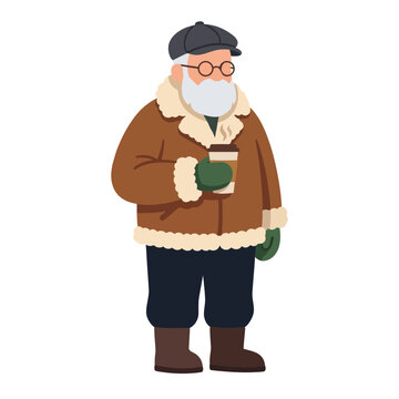 Senior Man in Winter Coat Holding Coffee Vector Illustration