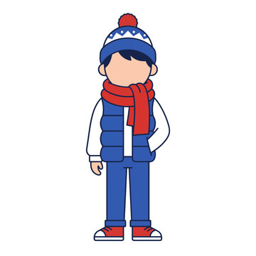 Young Man in Winter Vest Beanie and Scarf Vector Illustration