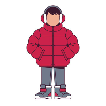 Young Man in Red Puffer Jacket and Earmuffs Vector Illustration
