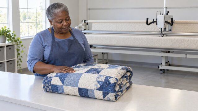 Provider checks the stitching on a neatly folded blue and ivory customer quilt at the longarm studio return counter before collection