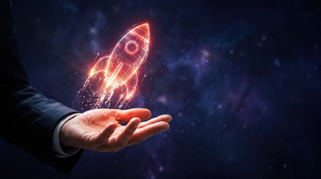 Businessman hand presenting a glowing wireframe rocket launching upward on a dark space background, representing product launch, startup acceleration, business growth and innovation success. Copy spac