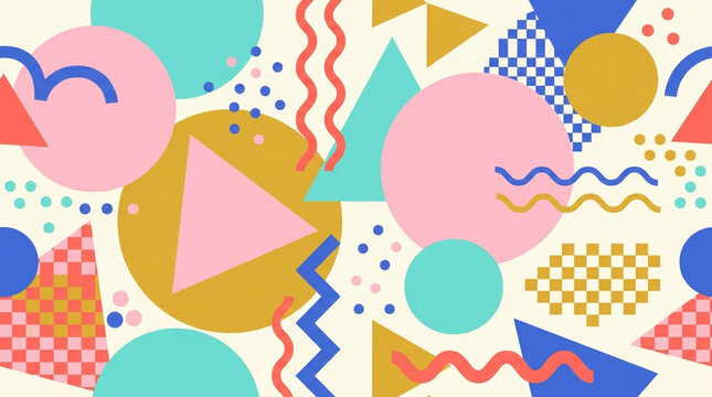 Abstract Memphis Style Seamless Pattern with Colorful Geometric Shapes