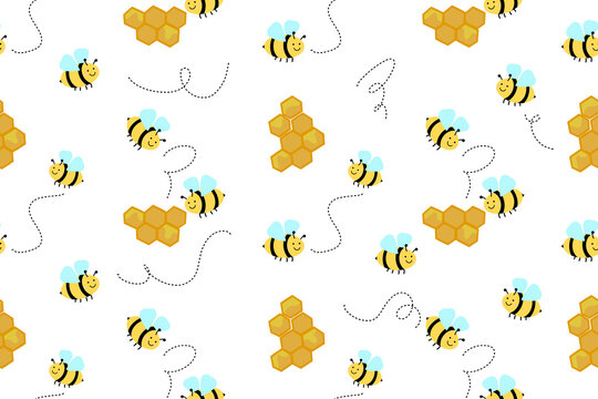 Flying honey bee  and beehive seamless pattern with background. Cute design illustration for kids, preschool, and printable surface pattern.