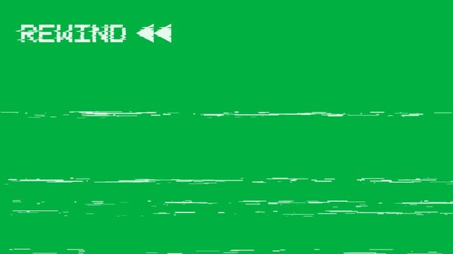 Vintage VHS rewind screen overlay with glitch tracking lines and retro video tape distortion on green screen background, chroma key effect in 4K