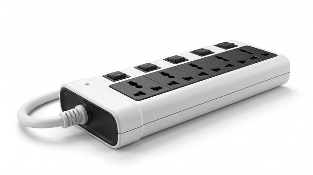 Modern white power strip surge protector with multiple universal electrical outlets and individual switches isolated on a white background