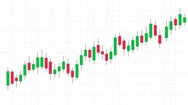 Bullish financial candlestick chart illustrating stock market growth, cryptocurrency trading trends, and investment analysis on a white grid background.