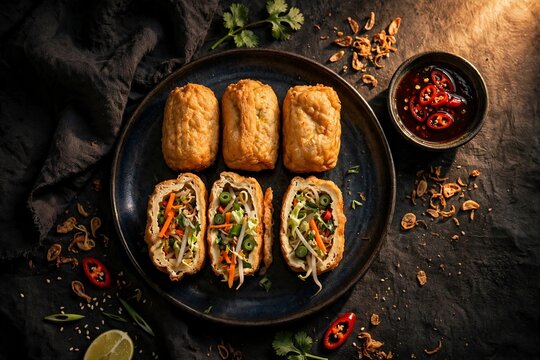 Indonesian tahu isi stuffed fried tofu with chili sauce