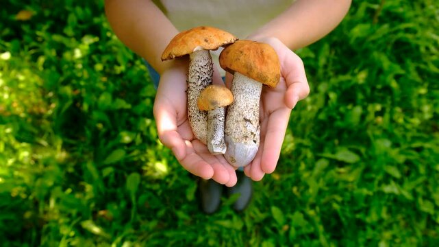 Wild mushrooms in a hand. Selective focus.