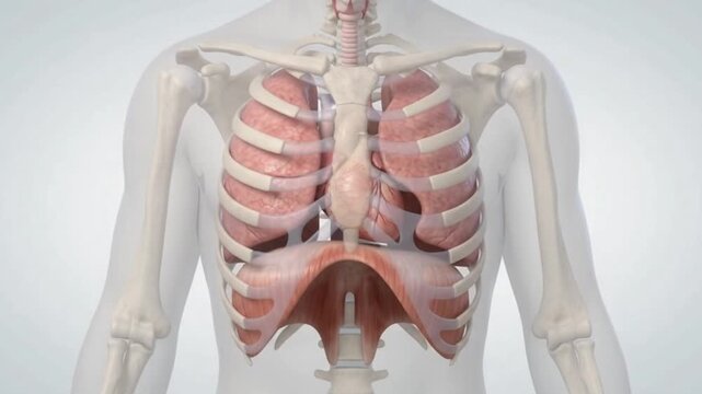 Medical 3D Illustration of the Human Torso Highlighting the Heart, Lungs, and Diaphragm within the Skeletal Rib Cage