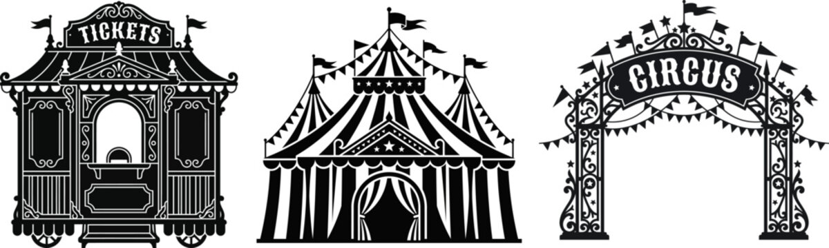Vintage Circus Tent Ticket Booth and Entrance Arch Silhouette Vector Set
