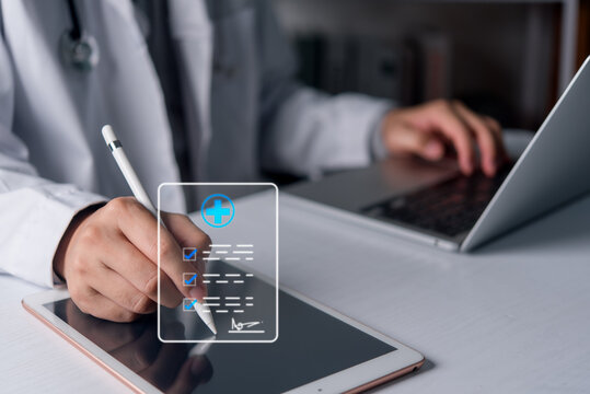 Doctor Completing Digital Medical Checklist on Tablet with Stylus