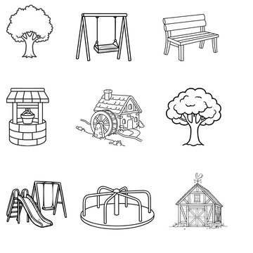 Set of outdoor park and countryside elements including trees, swings, bench, water well, watermill, playground slide, merry-go-round, and barn