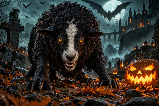 Grollendes schwarzes Schaf Monster auf Halloween Friedhof bei Vollmond mit Jack-o'-Lantern