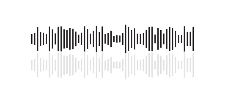 Black vertical line audio waveform with gray reflection on white background. Minimalist sound wave bars in a single horizontal row with mirror shadow. Abstract monochrome design for music and podcast.