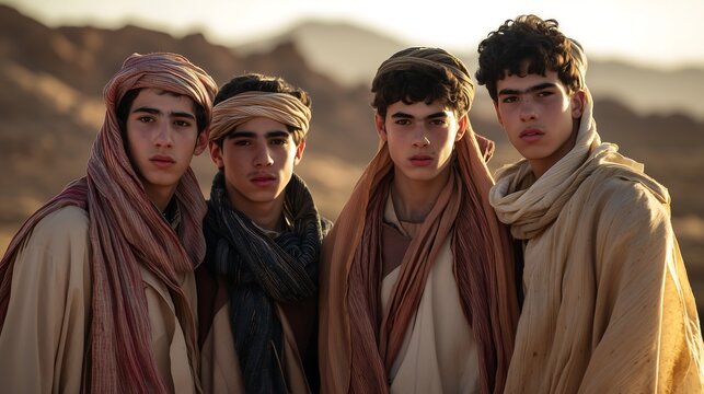 Daniel and his three friends standing together in ancient robes