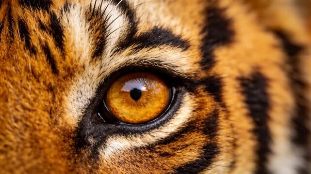 Macro shot of a tiger's striped eye slowly blinking in natural light, showcasing fine fur texture and intense gaze
