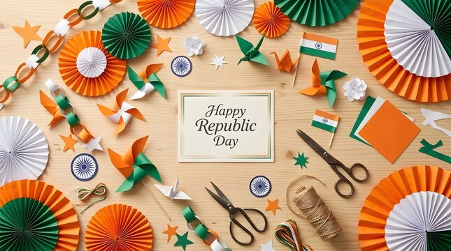 Indian independence day celebration with paper decorations and patriotic accessories