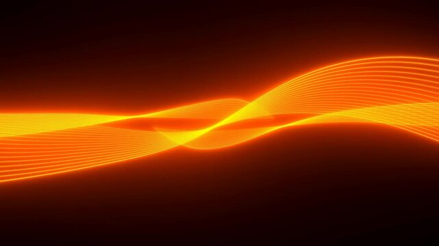 Glowing orange light waves undulate across dark background, with parallel yellow lines crossing in layered curves and warm halos surrounding flowing ribbons beneath open space