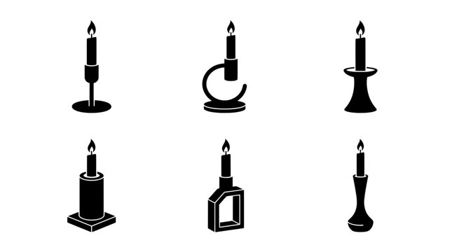 Candle holders vector set, burning candles silhouettes, vintage candlestick icons for design
