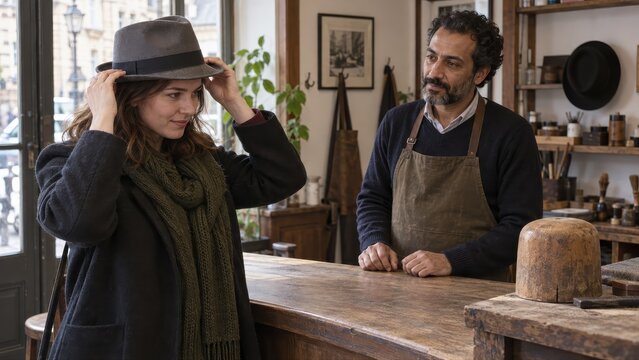 Owner trying on a returned gray felt trilby while a hatter observes across the service counter after a specialist reshaping appointment