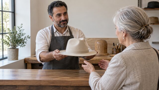 Hatter presenting a cooled reshaped cream felt hat to its owner with both hands supporting the level brim at a quiet return counter