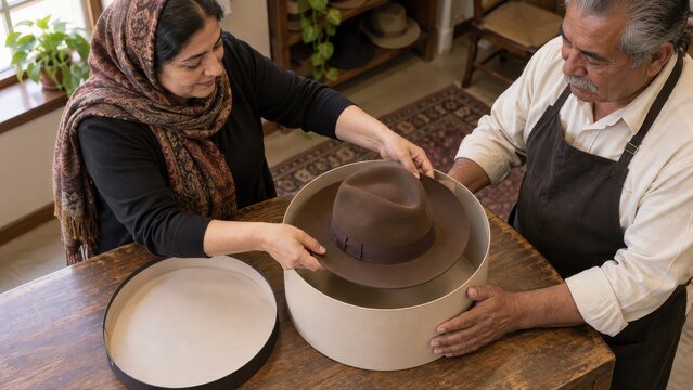 Owner lowering a reshaped brown felt fedora into a protective transport box while the hatter steadies the container during return packing