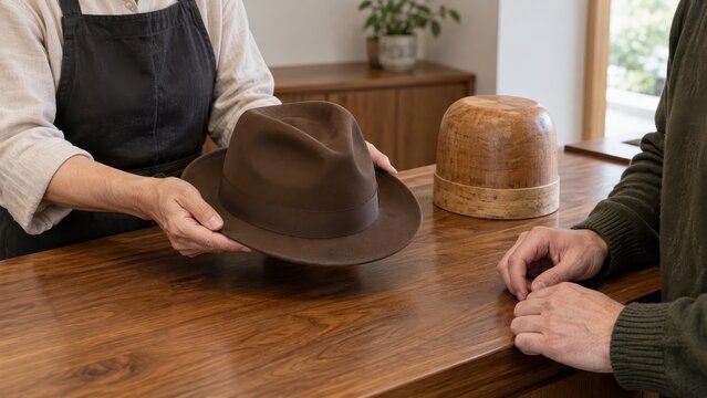 Hatter's hands turning a returned felt trilby to explain its finished crown crease beside an empty wooden form in a cropped service desk consultation