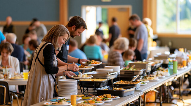 A community Thanksgiving potluck in a local hall with long tables covered in homemade dishes, volunteers serving food, families connecting, gratitude, neighborhood traditions,