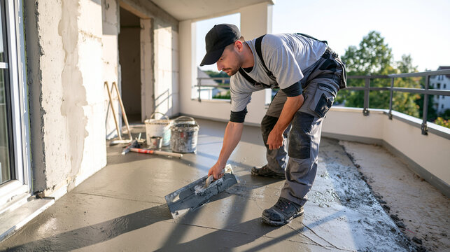 An experienced concrete finisher working on an unfinished balcony of a newly built apartment block, pressing a broad metal trowel across the damp gray floor to remove ridges and create a smooth fini