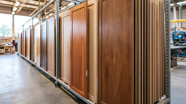 A large drying rack filled with freshly finished wooden cabinet doors in different natural wood tones inside a custom furniture workshop, orderly production workflow, sturdy steel support frame, cle