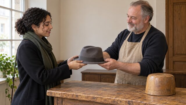 Customer receiving a reshaped grey felt trilby from a specialist hatter during the final handover of an aftercare appointment at a quiet wooden service counter