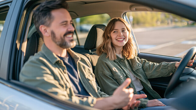 A professional male driving teacher discussing parallel parking with a female learner in the driver seat of a white car, both looking toward the side window at parking space markings, instructor dem