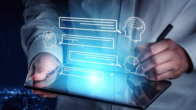 Hands Holding Tablet with Speech Bubbles and Brain Icons Representing Digital Communication and Artificial Intelligence Interactions in Modern Technology. Entropy.
