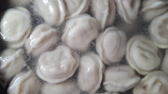 Macro video of the process of making homemade dumplings with rye dough and homemade meat