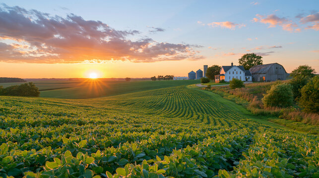 A vast soybean field surrounding a rural family farm in the late evening, dense green crops covering gently rolling land, a white farmhouse, weathered wooden barn and grain storage structures in the
