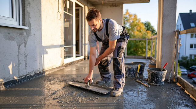 An experienced concrete finisher working on an unfinished balcony of a newly built apartment block, pressing a broad metal trowel across the damp gray floor to remove ridges and create a smooth fini