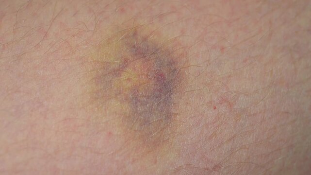 Extreme close-up of a healing purple and yellow bruise on skin beneath fine body hair